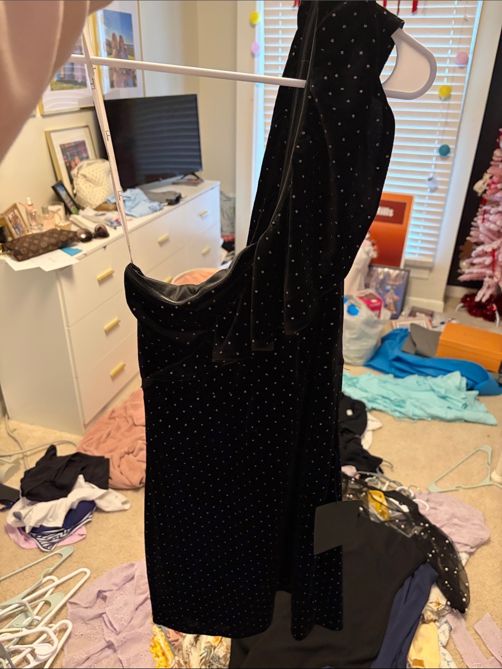 Lulu's Black Velvet Mini Dress with Rhinestone Dots